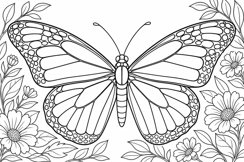 A monarch butterfly in mid-flight, both wings fully open and symmetrical, bold paneled wing pattern
