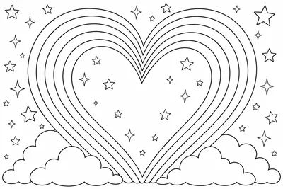A rainbow bent into the shape of a heart with little stars scattered around it