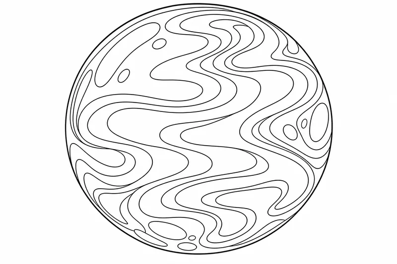 A round soap bubble floating in the air with swirling rainbow ribbons across its surface