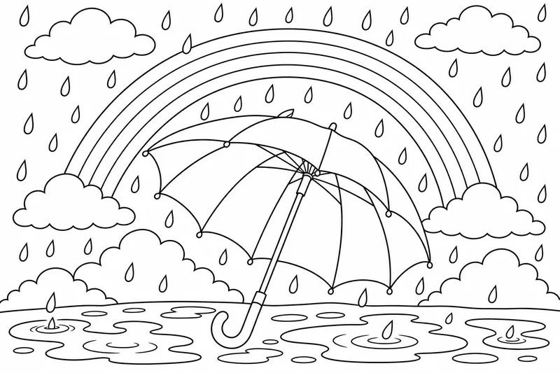 Un parapluie ouvert sous la pluie avec des gouttes de pluie qui tombent et un arc-en-ciel qui se courbe derrière lui