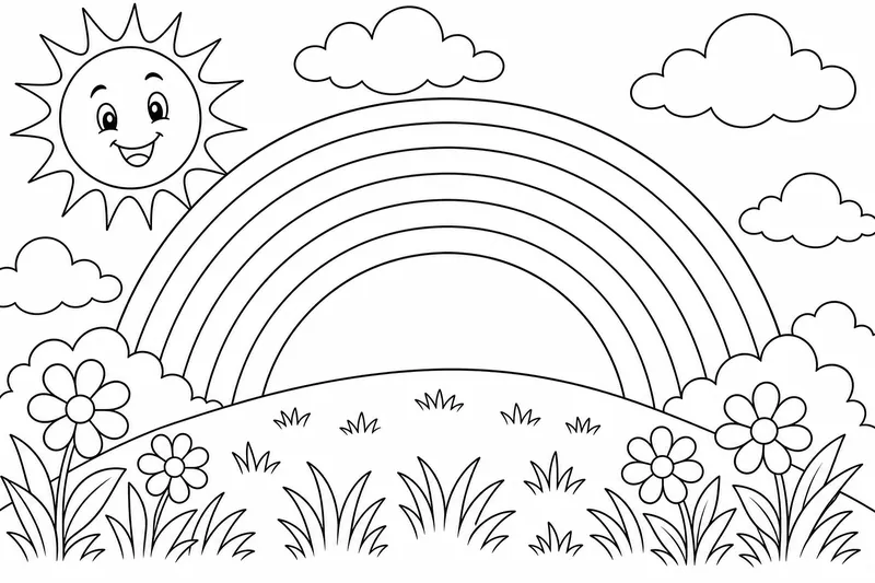 Un large arc-en-ciel s'étend sur une colline verdoyante avec un soleil souriant dans le coin