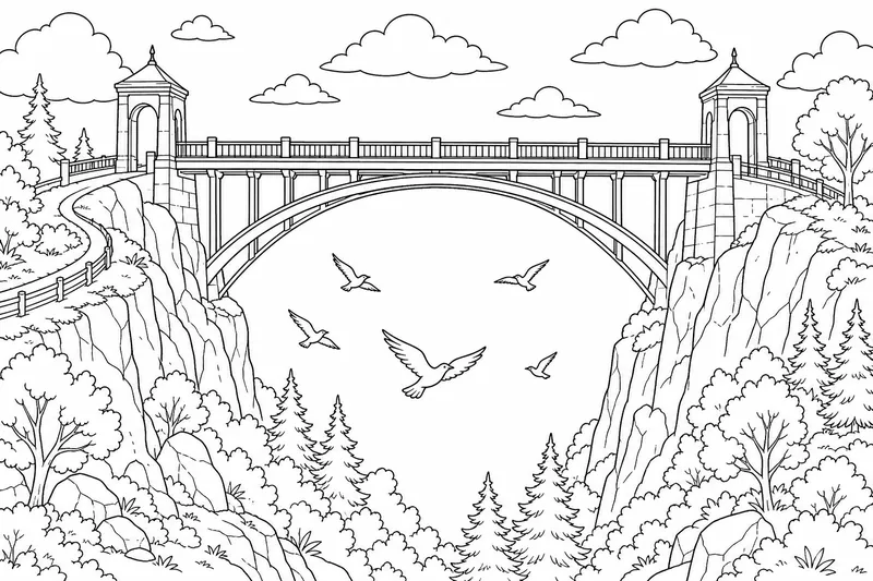 Un pont arc-en-ciel s'étendant entre deux sommets de collines avec de petits oiseaux volant en dessous