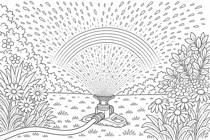 A garden sprinkler throwing up a fine spray of water with a small rainbow arc inside it