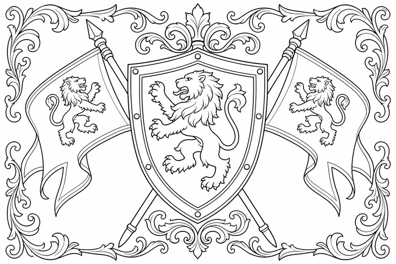 Ein Ritterschild und ein heraldisches Banner mit einem mutigen Löwenwappen, gekreuzten Flaggen und einem dekorativen Rand