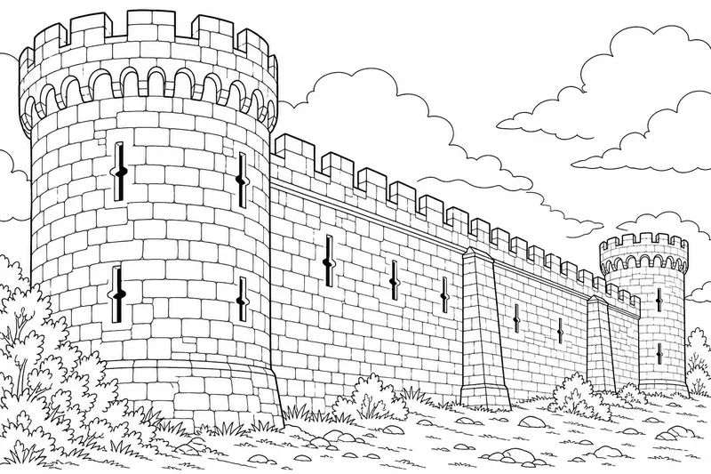 A long castle curtain wall topped with battlements and crenellations, a round corner tower, arrow slits in the stone