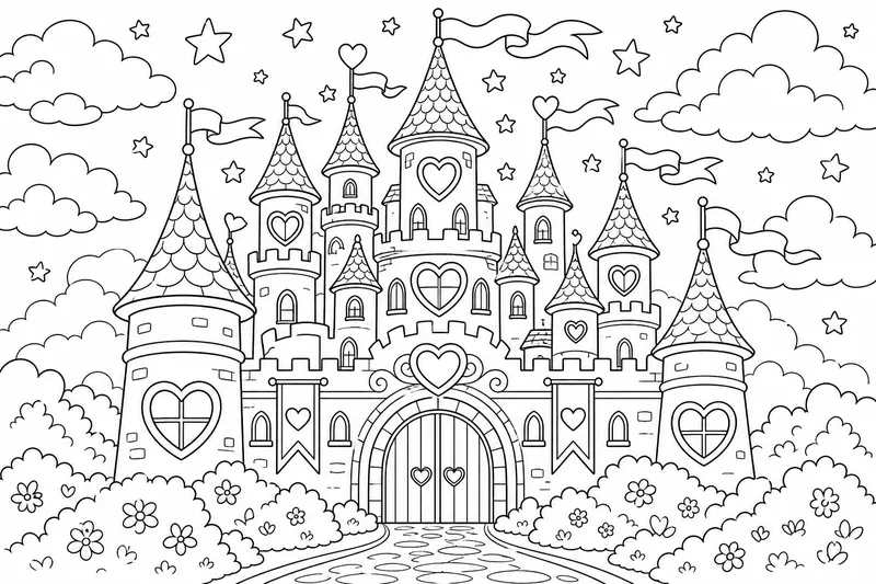 A whimsical fairy-tale castle with heart-shaped windows and ribboned banners, clouds and stars around the highest spire