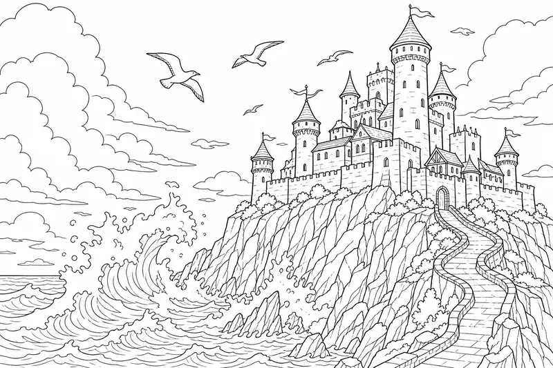 A castle perched on a rocky sea cliff above crashing waves, seabirds circling one tall watchtower