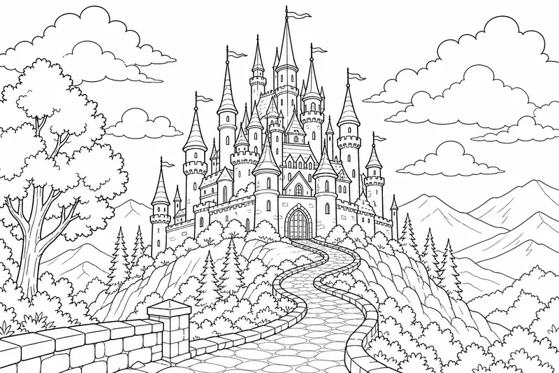 A tall fairy-tale castle with many slender spires and pointed turrets perched on a hill, a winding path below