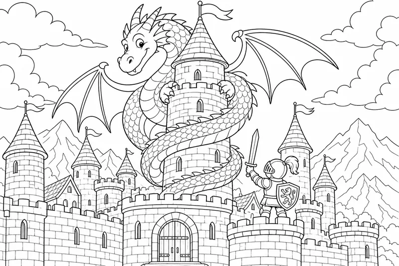 A friendly dragon coiled around the tallest castle tower, the fortress walls below, a tiny knight on the rampart
