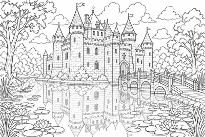Eine Steinburg spiegelt sich im stillen Wasser ihres umgebenden Grabens wider, Seerosen auf der Oberfläche, eine kleine Fußgängerbrücke