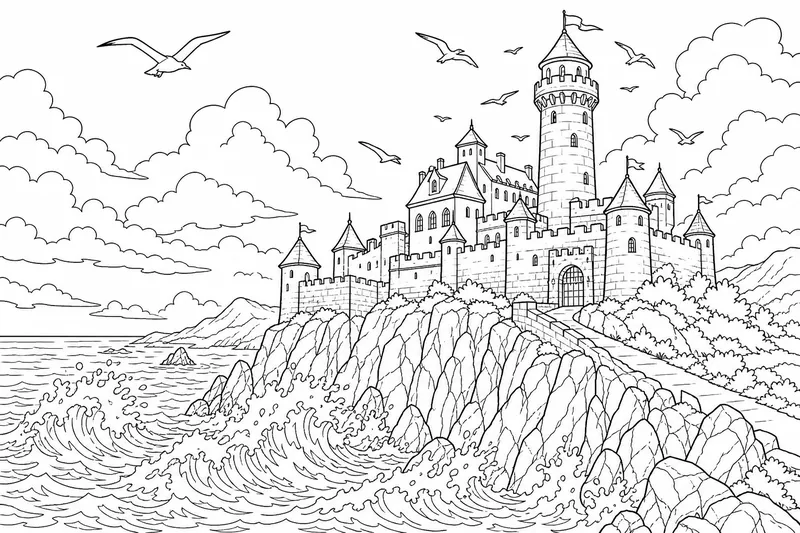 A castle perched on a rocky sea cliff above crashing waves, seabirds circling one tall watchtower, bold clean outlines