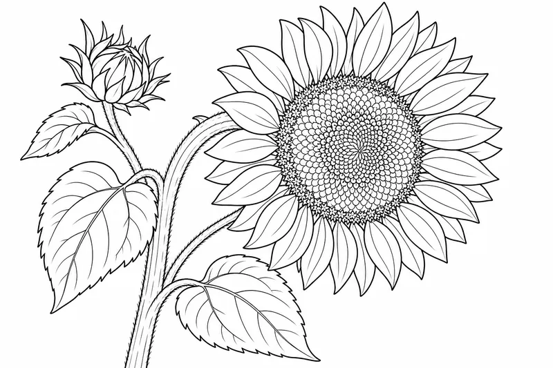 Eine einzelne Sonnenblume, die sich leicht auf ihrem Stiel neigt, Blätter und eine Knospe entlang des Stiels
