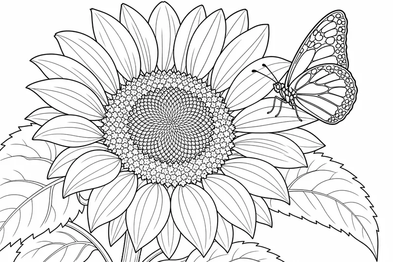 Eine Sonnenblume blüht mit einem Schmetterling, der auf einem Blütenblatt sitzt