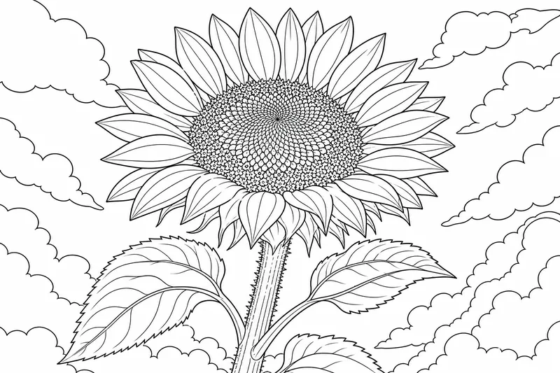 A sunflower seen from below looking up at the bright face against the sky