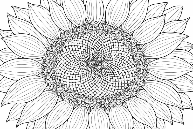 One grand sunflower filling the page, every petal and seed drawn in clean detail