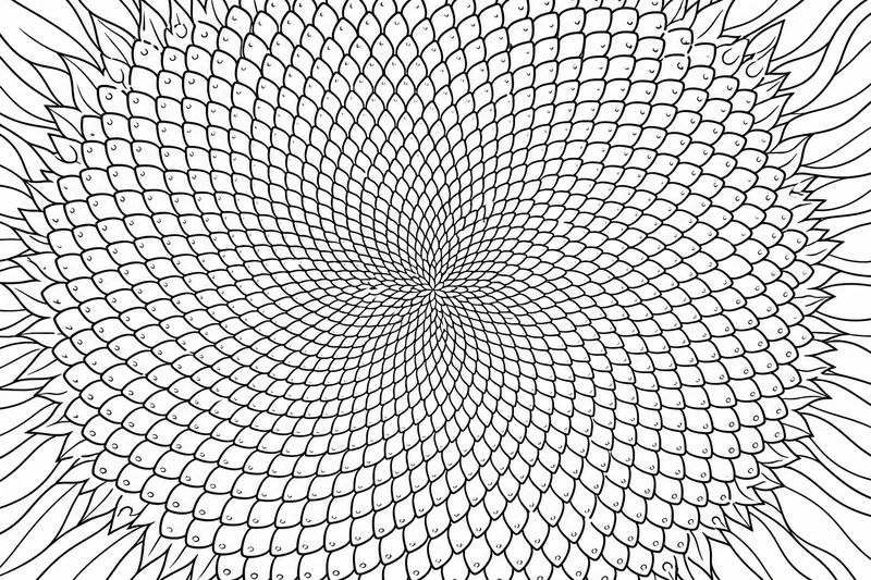 An extreme close-up of a sunflower center, hundreds of seeds in interlocking spiral curves filling the frame
