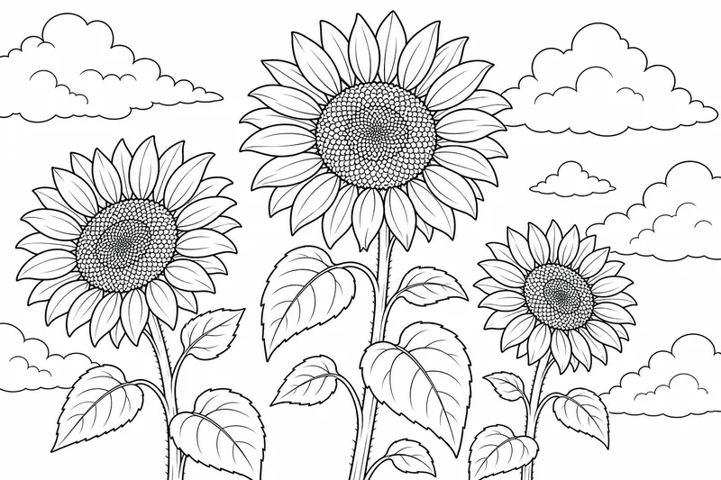 Drei Sonnenblumen unterschiedlicher Höhe wachsen zusammen vor einem einfachen Himmel