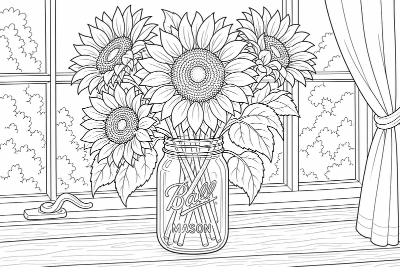 Ein geschnittener Strauß Sonnenblumen, arrangiert in einem Einmachglas auf einem Fensterbrett