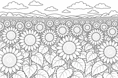A field of sunflowers stretching to the horizon, rows of round faces all turned the same direction
