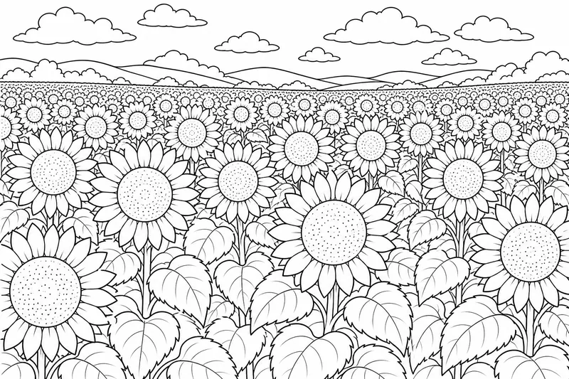 A field of sunflowers stretching to the horizon, rows of round faces all turned the same direction