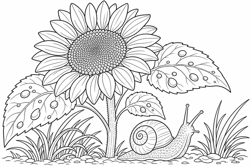 A sunflower with a snail near the base of its stalk and dewdrops on the leaves