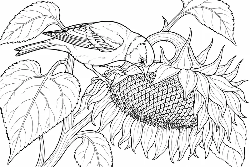 A goldfinch perched on a drooping sunflower head pecking at the seeds