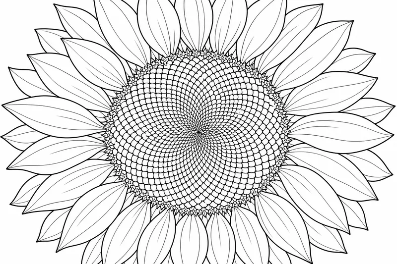 A single sunflower head seen straight on, the round center packed with spiraling seeds, broad petals all around