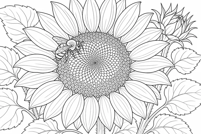 Eine Sonnenblume mit breiten Strahlenblüten und einer detaillierten Samenscheibe, eine kleine Biene ruht in der Mitte