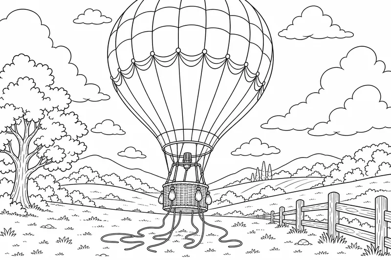 A hot air balloon just lifting off the ground, the basket a few feet up with ropes trailing below it