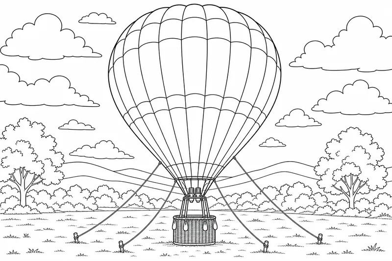 A hot air balloon standing fully inflated and upright on a launch field, tethered by ropes, the wicker basket resting on the grass