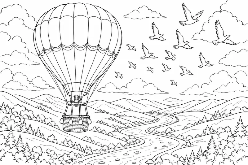 A hot air balloon drifting past a flock of birds with rolling hills and a winding river far below