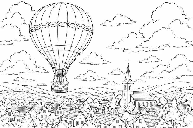 A hot air balloon high above a small village with tiny rooftops and a church steeple below