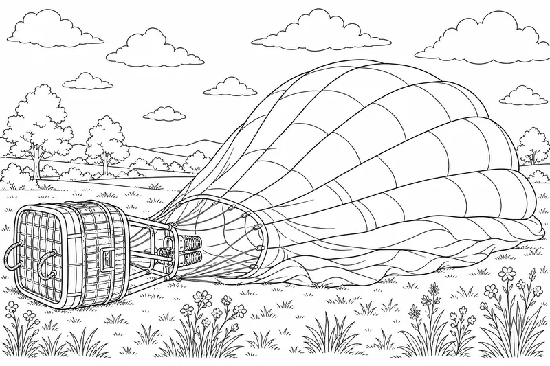 A deflating hot air balloon settled on the ground, its tall envelope billowing out sideways across an open field