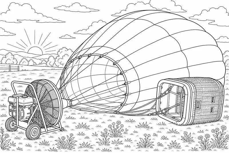 A large striped hot air balloon lying partly inflated on its side in a grassy field at dawn, a big fan blowing air into the open envelope mouth