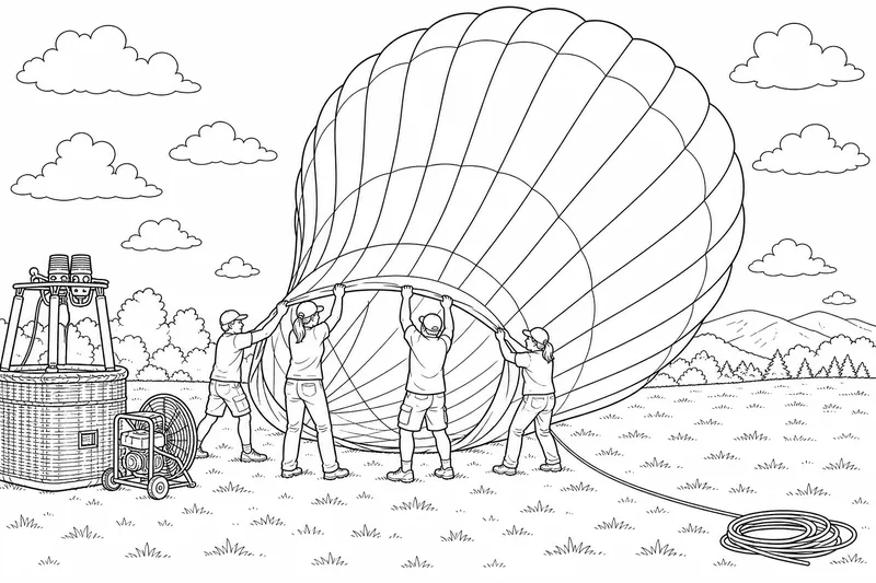 A crew holding the throat of a half inflated balloon open while the tall envelope swells with air, a long control line stretched across the grass