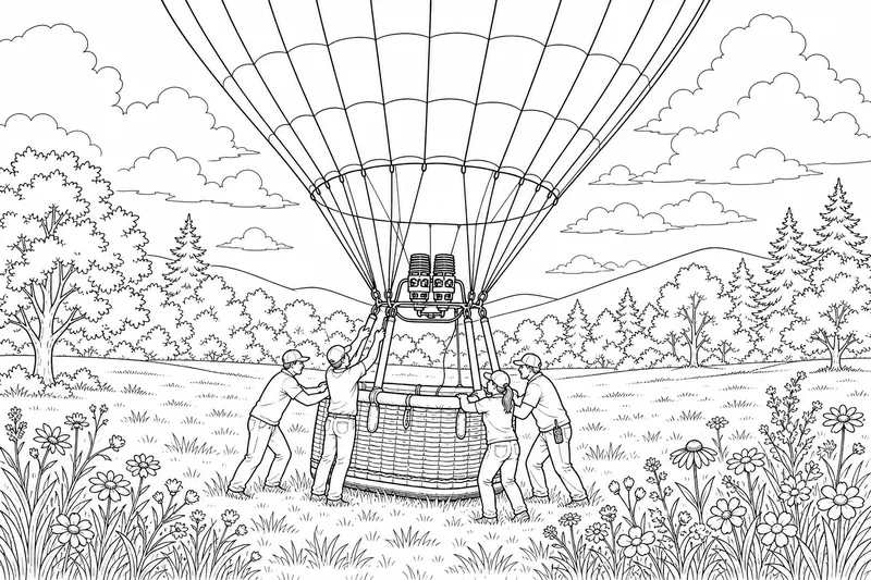 A hot air balloon gently descending toward an open meadow, the basket about to touch the grass as the ground crew reaches up to steady it