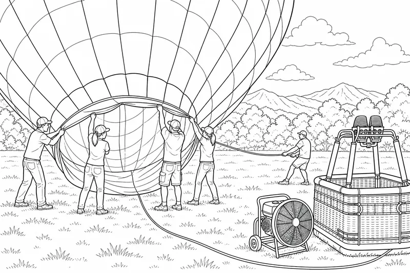 Eine Crew hält den Hals eines halb aufgeblasenen Ballons offen, während die hohe Hülle sich mit Luft füllt, eine lange Steuerleine ist über das Gras gespannt