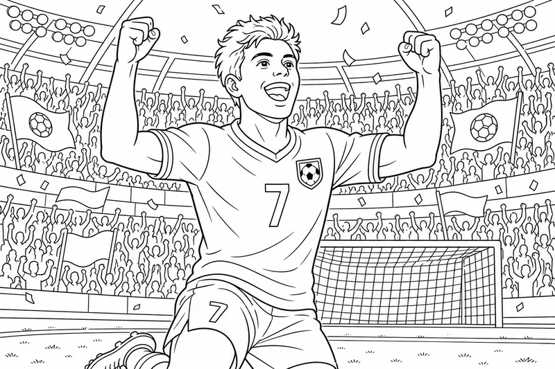ein glücklicher Fußballspieler feiert mit erhobenen Armen