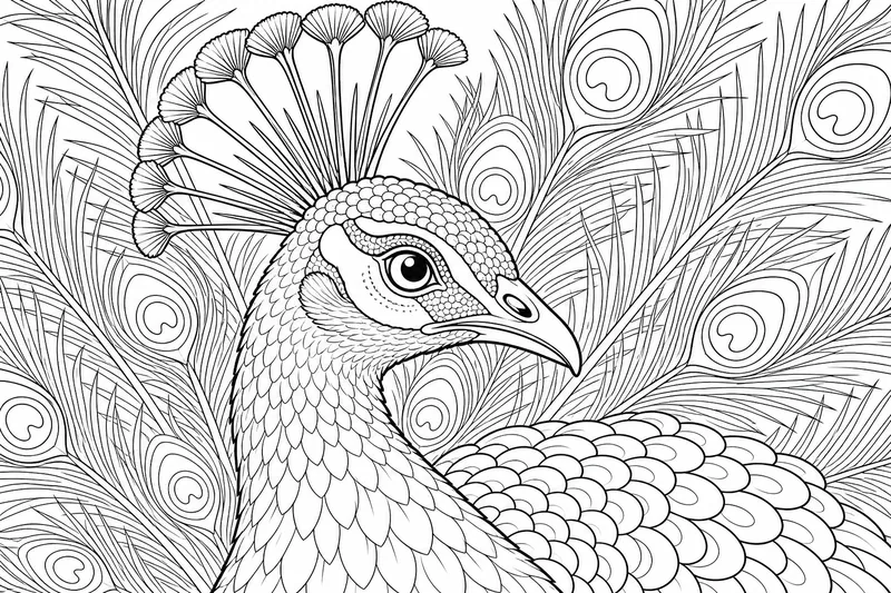 Un paon tournant la tête sur le côté, les plumes de la crête à pointe touffue éventées comme une fine couronne, des détails fins sur le visage.