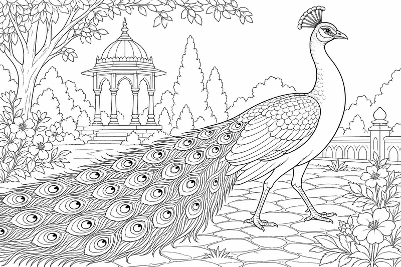 Un pavo real caminando de perfil con su largo tren arrastrándose detrás, cuello delgado y cabeza crestada en alto.