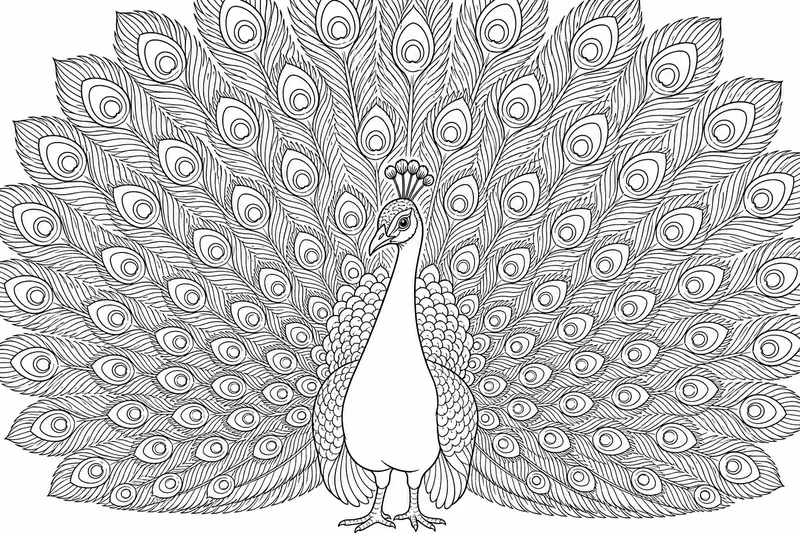 A detailed peacock with its fan fully open, intricate concentric eye markings filling the spread of feathers.