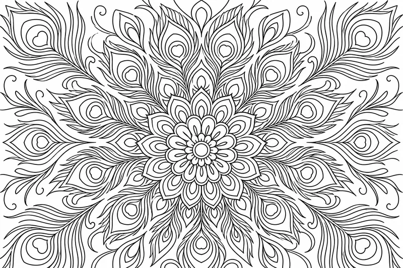 A symmetrical mandala built from radiating peacock feathers and eye markings, ornate and balanced.