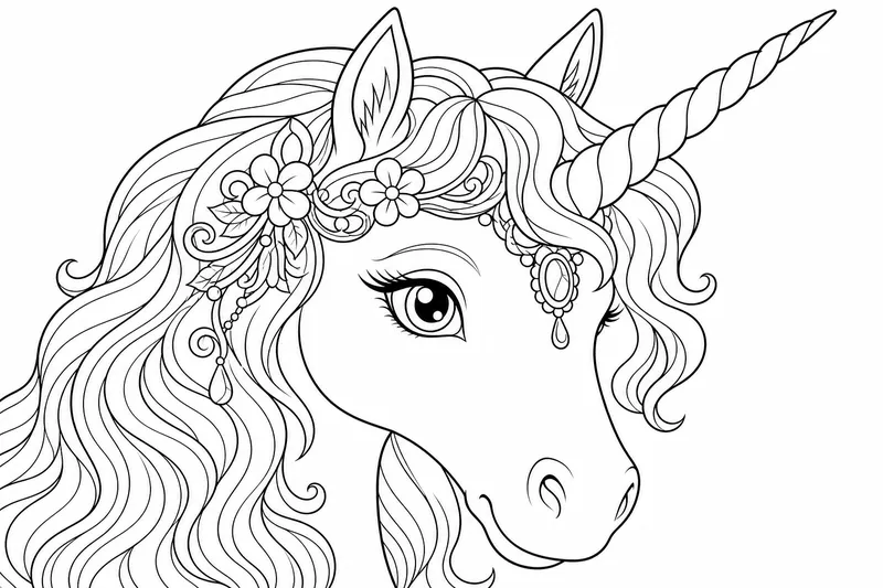 Ein Nahaufnahme-Porträt eines Einhornkopfes mit einem großen sanften Auge, einem spiralförmigen Horn und einem dekorativen fließenden Schopf