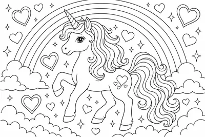 A unicorn surrounded by floating hearts and sparkles under a rainbow, flowing mane