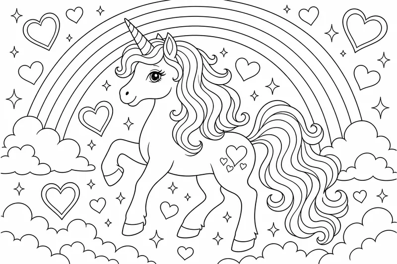 Ein Einhorn, umgeben von schwebenden Herzen und Funken unter einem Regenbogen, fließende Mähne