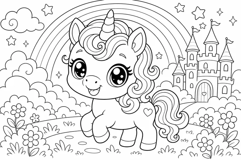 Egy apró chibi egyszarvú nagy fejjel, csillogó szemekkel, tompa szarvval és göndör kis sörénnyel