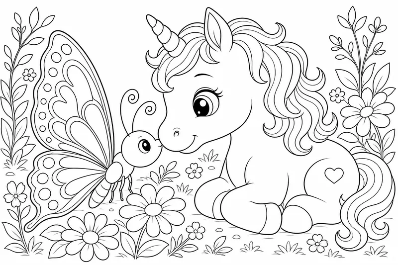 Un lindo bebé unicornio acurrucándose con una mariposa grande, pequeño cuerno, formas redondeadas suaves