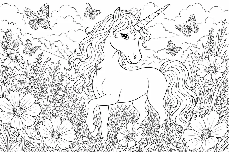 A unicorn in a meadow thick with large flowers and tall grass with butterflies, spiraled horn
