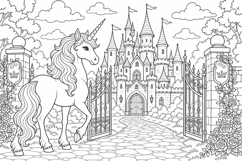 Ein Einhorn an den Toren eines Märchenschlosses mit hohen spitzen Türmen, spiralförmigem Horn