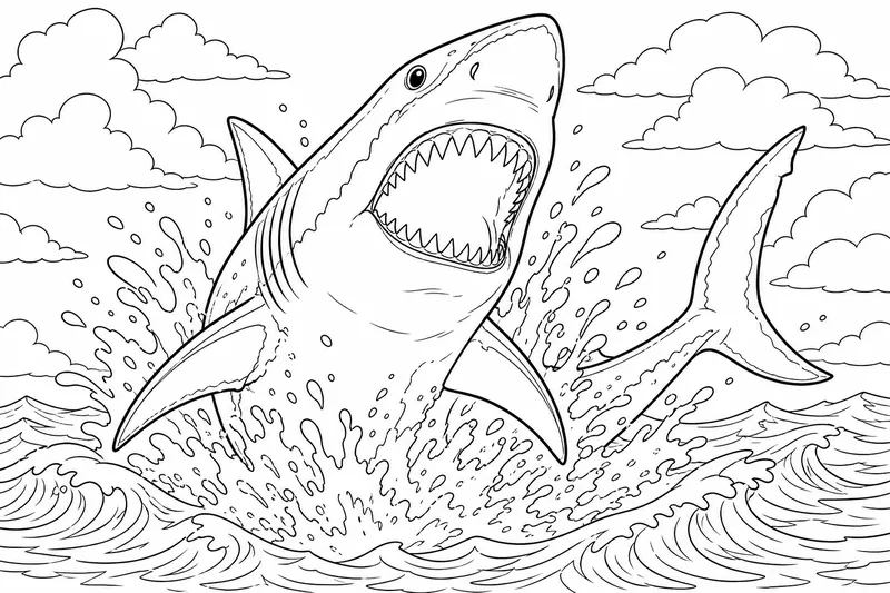 A great white shark bursting upward out of the waves with its tail curved to the side